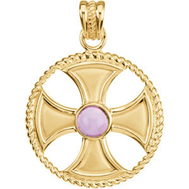 This maltese cross pendant is all 14K yellow gold and has the cross in the center with a pretty rope design around it in a circle design In the center of the cross is a genuine round cabochon purple amethyst Measurements of the pendant are 41.25x30.00mm