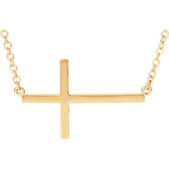 Simple and stylish, this sideways cross necklace is as much about faith as it is fashion. Crafted in warm 14K yellow gold, this necklace features a small traditional cross turned on its side and slightly offset along a polished link chain. A thoughtful design, the chain measures 16.0 inches in length with a 2.0-inch extender and it secures with a spring-ring clasp.