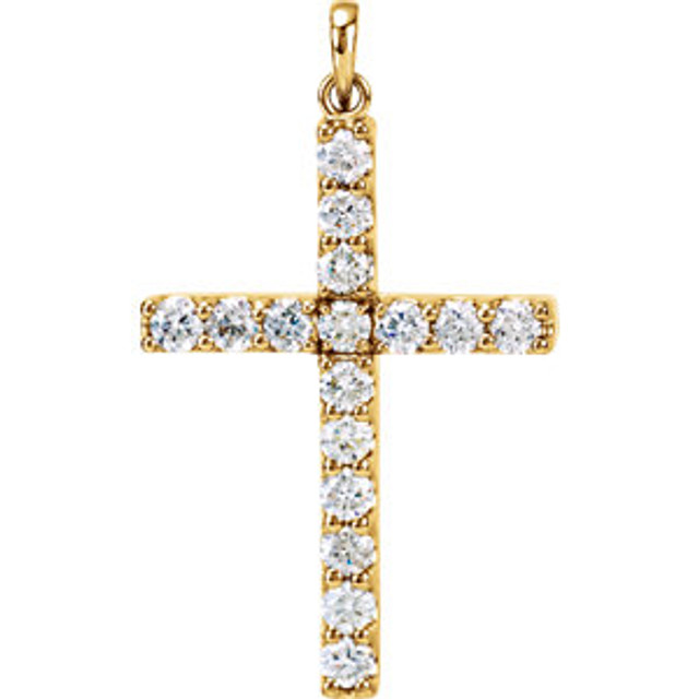 Sixteen brilliant-cut round diamonds are beautifully set in a sparkling prong setting in this stunning diamond cross pendant in 14k yellow gold.