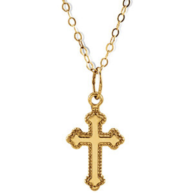 Delicate in design, this youth cross necklace is crafted in 14k yellow gold and measures 16.00x10.00mm.