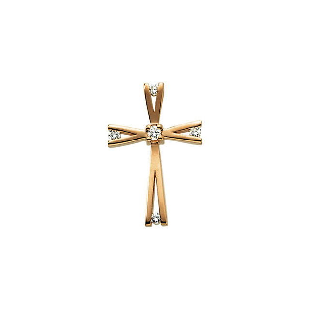 Love for religion is truly something to celebrate. In sparkling 14K gold with five round full cut diamonds. This cross is polished to a brilliant shine. This cross has a total diamond weight of .08. Pendant only! 