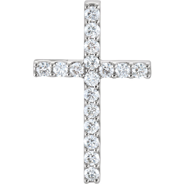 Crafted from platinum, this shimmering cross pendant is covered with round brilliant cut diamonds weighing approximately 3/4 ct. tw. and has a bright polish to shine.