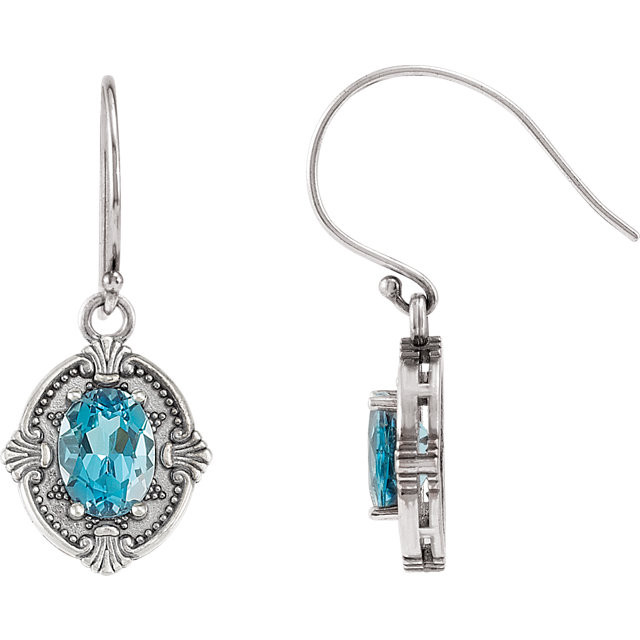 Oval Cut Gorgeous Swiss Blue Topaz Gemstones Sit in the Center of an Ornately Designed Sterling Silver Frame in These Wire Back Dangle Earrings. Choose These Classically Beautiful Earrings as a Perfect Gift for Her.