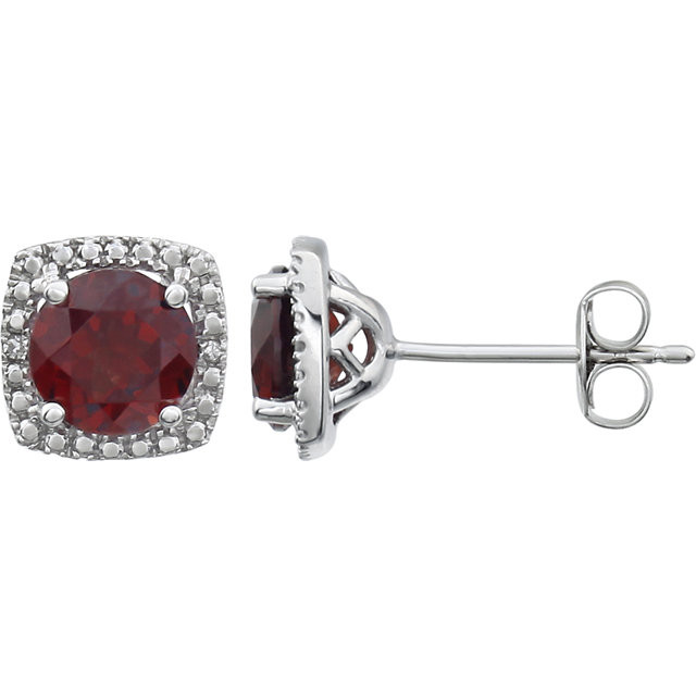 Beautiful sterling silver Mozambique Garnet January birthstone diamond earrings with .015 ct tw. Say "I love you" to any woman in your life; a friend, mother, wife, girlfriend, daughter.