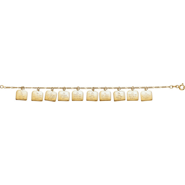 14k Yellow Gold Ten Commandments Bracelet. Each charm on this beautiful Bracelet features one of the Commandments engraved. This lovely Bracelet measures 7 inches long and it weighs 9.64 grams.