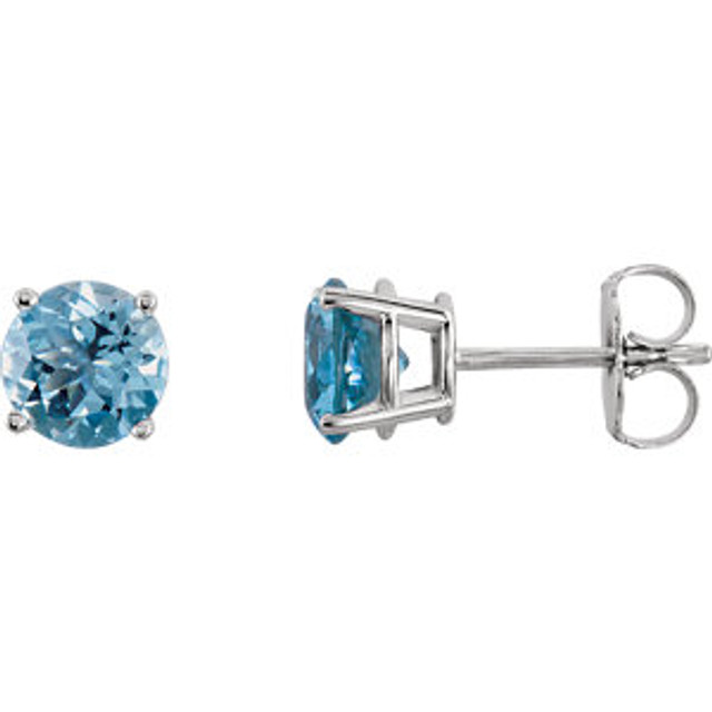 Straightforward in design and unmatched in color, these round-cut, aquamarine stud earrings are ideal for everyday wear. The lush ocean-blue color shines brightly as the 6.0mm gemstones are cradled in four-prong settings. The earrings rest on 14K white gold posts, securing with friction backs. These earrings are a thoughtful gift for the March birthday girl.