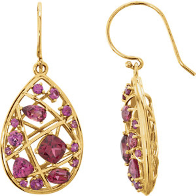 Rhodolite Garnet Nest-Design Dangle Earrings In 14K Yellow Gold measures 35.60x16.10mm and has a bright polish to shine.