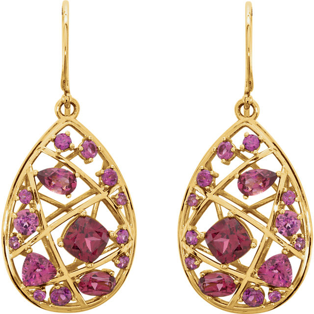 Rhodolite Garnet Nest-Design Dangle Earrings In 14K Yellow Gold measures 35.60x16.10mm and has a bright polish to shine.