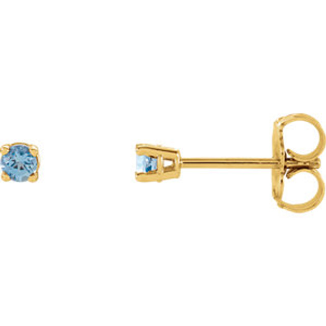 Classic and sophisticated, these blue aquamarine stud earrings are a lovely look any time. Fashioned in sleek 14K yellow gold, each earring features a 2.5mm round blue aquamarine in a durable four-prong setting. Polished to a brilliant shine, these earrings secure comfortably with friction backs.