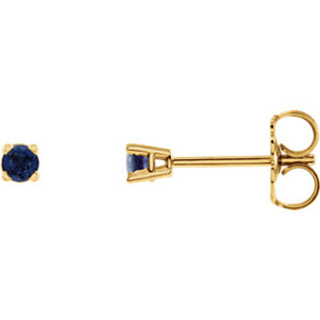 Classic and sophisticated, these Blue Sapphire stud earrings are a lovely look any time. Fashioned in sleek 14K yellow gold, each earring features a 2.5mm round blue sapphire in a durable four-prong setting. Polished to a brilliant shine, these earrings secure comfortably with friction backs.