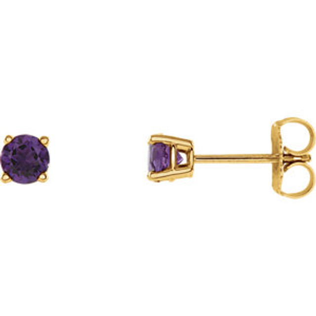 Classic and sophisticated, these genuine amethyst stud earrings are a lovely look any time. Fashioned in sleek 14K yellow gold, each earring features a 4.0mm round purple amethyst in a durable four-prong setting. Polished to a brilliant shine, these earrings secure comfortably with friction backs.