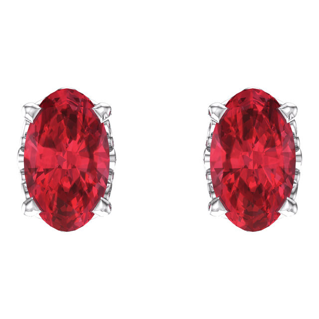 Fiery and romantic! This simple stud design features a 5 x 3mm faceted Chatham-created ruby cradled in a 4-prong basket of 14k white gold finished with a tension back post. Total carat weight for the pair is 0.60.