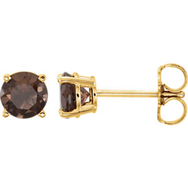 These round genuine smoky quartz earrings are set in 14K yellow gold. The posts of these fine jewelry earrings are secured by friction backs. Gently clean by rinsing in warm water and drying with a soft cloth.