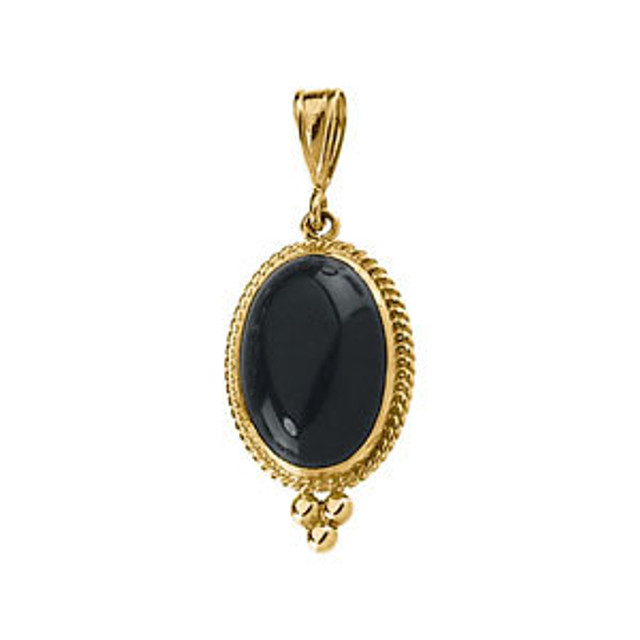 14k yellow gold pendant features a 14x10mm oval genuine onyx set in the center and has a bright polish to shine. Pendant only.