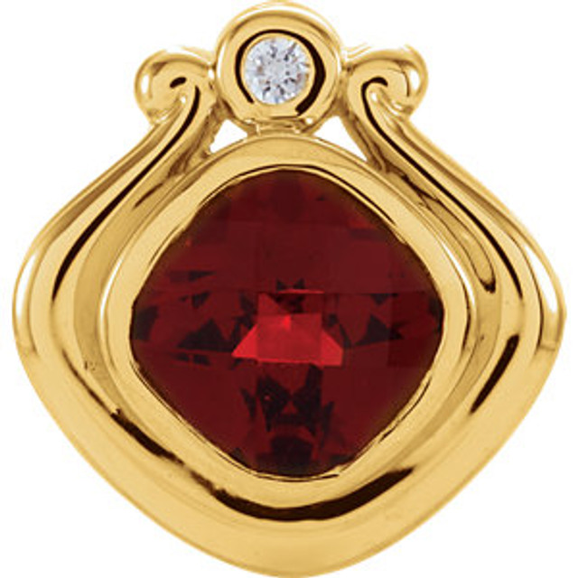 Grand entrance is achieved with this pendant piece that brings a large Mozambique garnet into the proximity of a single round diamond. The setting is gold, fashioned into a tiered antique square cut that matches the garnet.