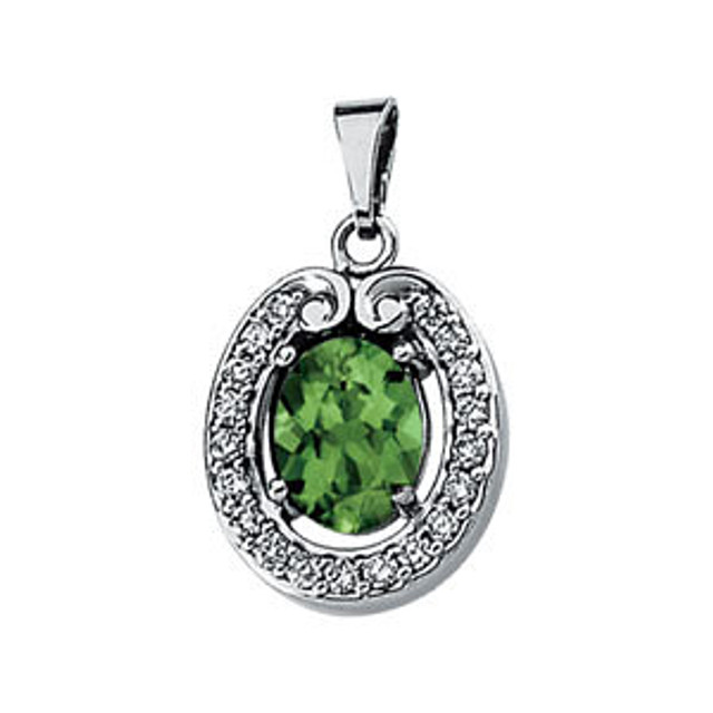 Genuine Green Tourmaline & Diamond Pendant In 14K White Gold. Highly prized for its richly verdant shades, Tourmaline honors 8th anniversaries.