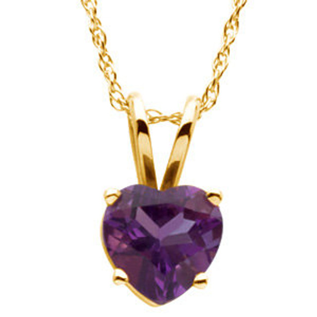 This enchanting 14k yellow gold pendant features a 6mm genuine heart cut amethyst and has a bright polish to shine. An 18.00 inch 14k yellow gold solid rope chain is included.