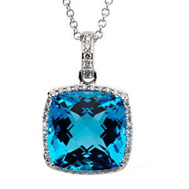 The romantic, loving tones of blue from a Swiss blue topaz is wonderfully joined with white gold and .25 carats of diamonds in this finely designed necklace. The diamonds form a braid around the topaz and continue up the loop to the necklace.