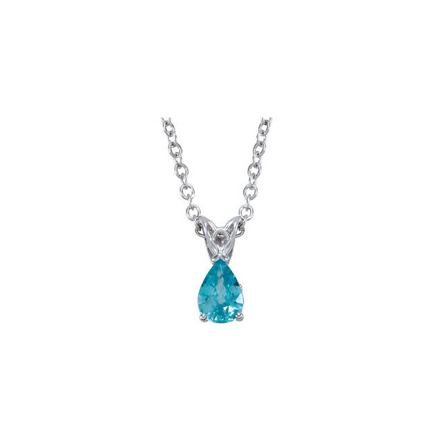 This enchanting 14k white gold pendant features a 7x5mm genuine pear cut blue zircon and is polished to a brilliant shine. 