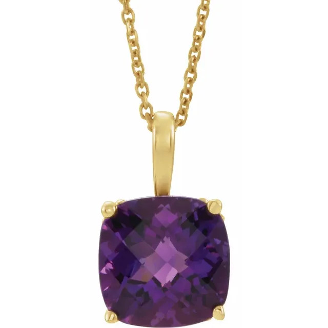 Wear this purple amethyst cushion pendant necklace in 14k yellow gold. This pendant displays one cushion-cut beautiful amethyst gemstone, and would make the perfect anniversary, birthday, or holiday gift.