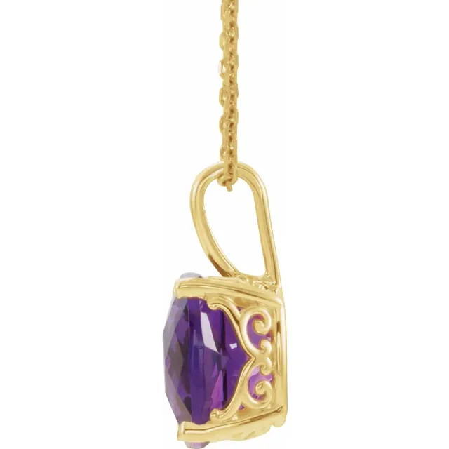 Wear this purple amethyst cushion pendant necklace in 14k yellow gold. This pendant displays one cushion-cut beautiful amethyst gemstone, and would make the perfect anniversary, birthday, or holiday gift.