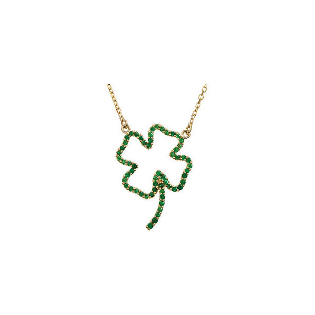 Give her the luck of the Irish with this lovely green tsavorite garnet clover necklace. 56 round faceted genuine tsavorite gemstones are prong set into a 14K clover design with a 16 inch gold chain. She will proudly wear this beautiful tsavorite necklace with 1.04 ctw to celebrate her Irish heritage. This gemstone clover necklace is also great as a birthstone gift for anyone who celebrates their special day in May.