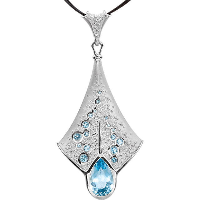 Simply stated but oh so stylish: a clean and crisp, pear-cut 12.00x09.00mm genuine blue topaz pendant in platinum.