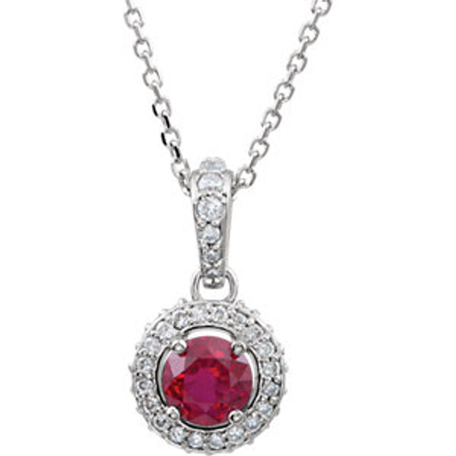 A true inspiration of love, romance and passion, this 14K white gold necklace captivates your heart with a dazzling, richly hued 4.5mm round-shaped ruby.