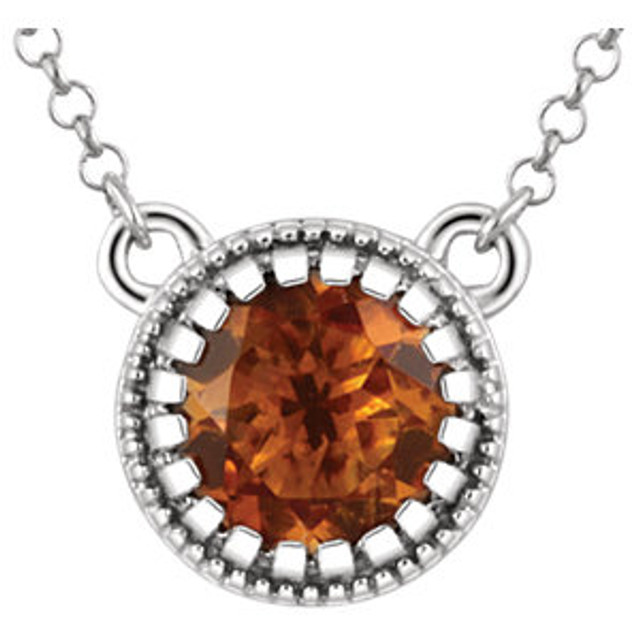 Sunny, warm and certain to bring a smile, this 5.00mm citrine pendant necklace gleams with personality. Don't be surprised at the attention - it's totally designed to turn heads! And it makes an ideal November birthstone signature piece. Suspends from a cable chain with a spring ring clasp. 14kt white gold necklace.