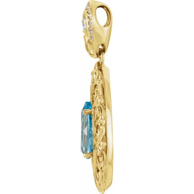 This gorgeous gemstone and diamond pendant features a 12x8mm pear shaped blue topaz that is surrounded by brilliant cut round diamonds in a halo style.

You'll love wearing it again and again.

Matching 14k gold chains are sold separately.