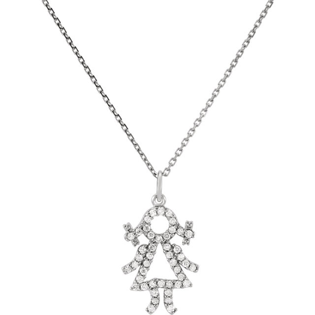 Diamond baby girl necklace fashioned in platinum. Diamond weight is 1/5, G-H in color and I1 or better in clarity. Comes with a 16.00 inch platinum solid cable chain and has a bright polish to shine.