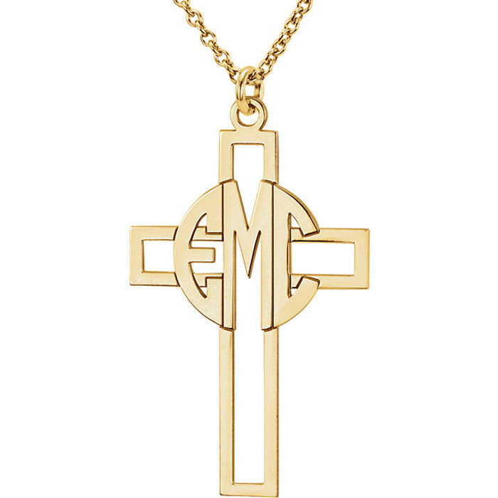 Make your faith personal with this stylish monogram fashion pendant. Created in warm 14K gold, this cut-out cross pendant can be customized with the three initials of your choice, sculpted in a bold block monogram font. Enter the initials in the order you would like them, left to right (the center initial will be larger as shown.) Polished to a bright shine, the pendant suspends along an 16.0 or 18.0-inch rope chain that secures with a spring-ring clasp.