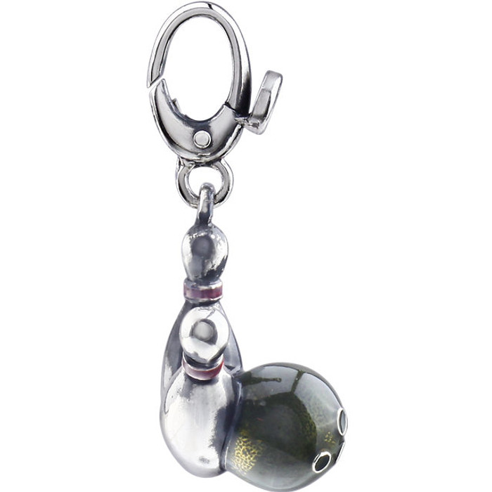 Start conversations wherever you go with a unique charm created to spark interest and reveal your passion for bowling. This antiqued sterling silver charm features a three-dimensional enameled design that is approximately 12mm (7/16") in width by 17mm (5/8") in length and dangles from a decorative lobster style clip-on bail.