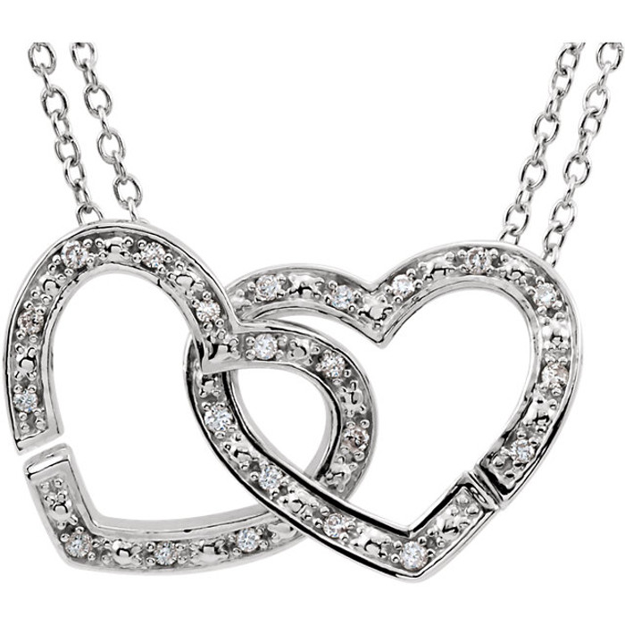 A pair of interlocking hearts swings from this sweet necklace for her. Styled in lustrous 925 sterling silver, the hearts are adorned with diamonds for the perfect touch of brilliance. The pendant has a total diamond weight of 1/6 carat and is suspended from an 18-inch cable chain secured with a spring ring clasp.