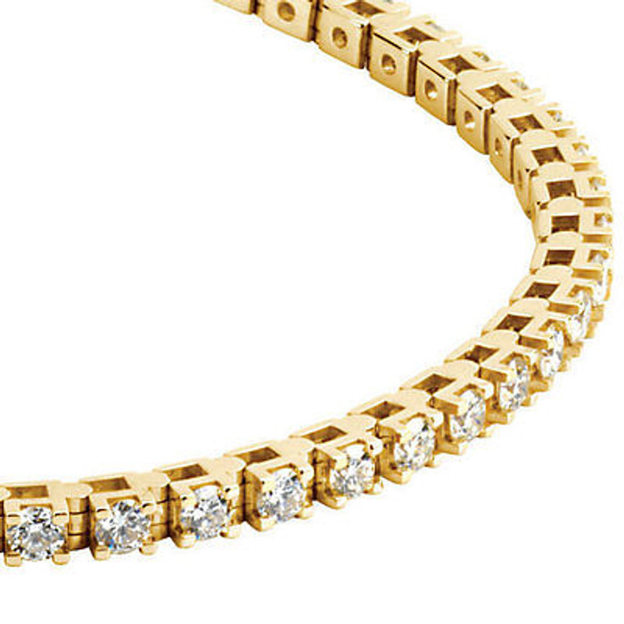 Experience formal elegance in a 3 1/2 ct. t.w. diamond tennis bracelet. This stylish beauty sparkles with round diamonds to marvelous effect. 14kt yellow gold bracelet.