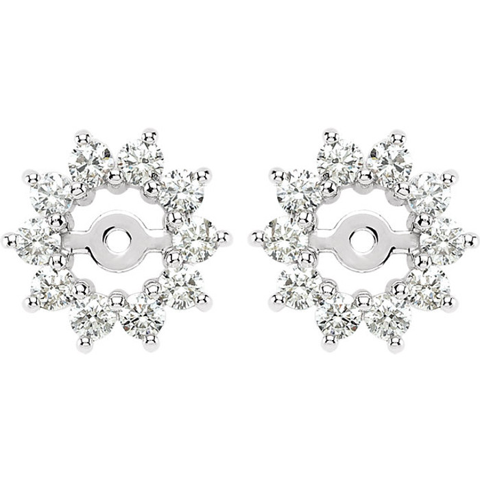 Dress up your favorite solitaire stud earrings with a halo of diamonds with this glittering pair of earring jackets. Simply place the post of your own earring through the center hole in the earring jacket to create a fresh new look.

Each earring is set with 10 prong-set round diamonds in a jacket crafted of 14k white gold. Diamonds are rated G-H for color, I1 for clarity, with a total 5/8 carat weight. Earrings are a size 10.50mm and a bright polish to shine.

Studs are not included.