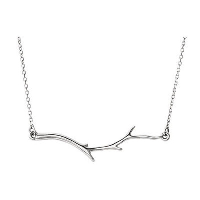 Stunning design is found in this 14k white gold branch bar hanging from a 16.00" inch necklace in length. Total weight of the gold is 2.04 grams.