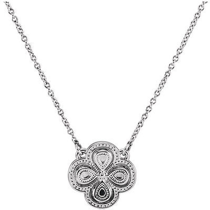 Styled in platinum, this clover necklace is a lovely way to bring luck with you wherever you go. The pendant is suspended from a 18-inch cable chain secured with a spring ring clasp.