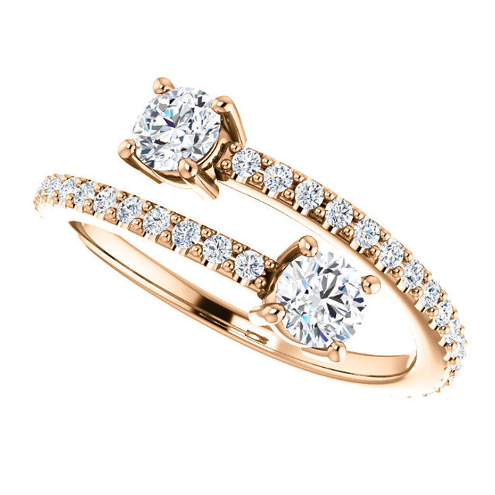 Diamond Two Stone Bypass Ring 7/8 CTW, G-H, I1 graded diamonds set in 14k rose gold. Features 2, 1/4 carat gemstones hand selected to match and set.