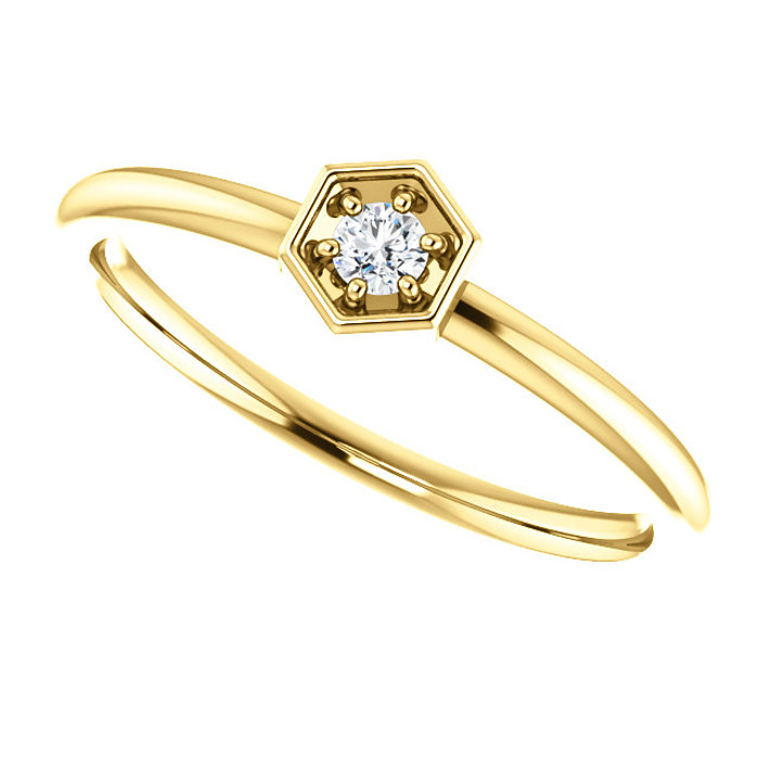 This gorgeous diamond hexagon stackable ring can be worn on its own, or it can be stacked with other rings to really make a dramatic style statement. It has a very simple and timeless design with .06 ct tw diamond that twinkle and shine. This beautiful ring is pictured here in sophisticated 14 karat yellow gold.