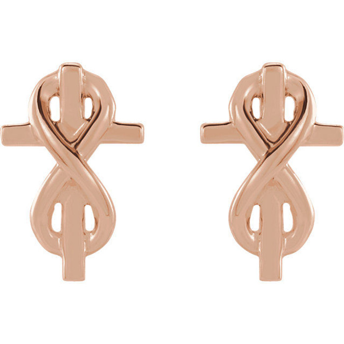 Superb style is found in these 14Kt rose gold infinity inspired earrings. Polished to a brilliant shine.