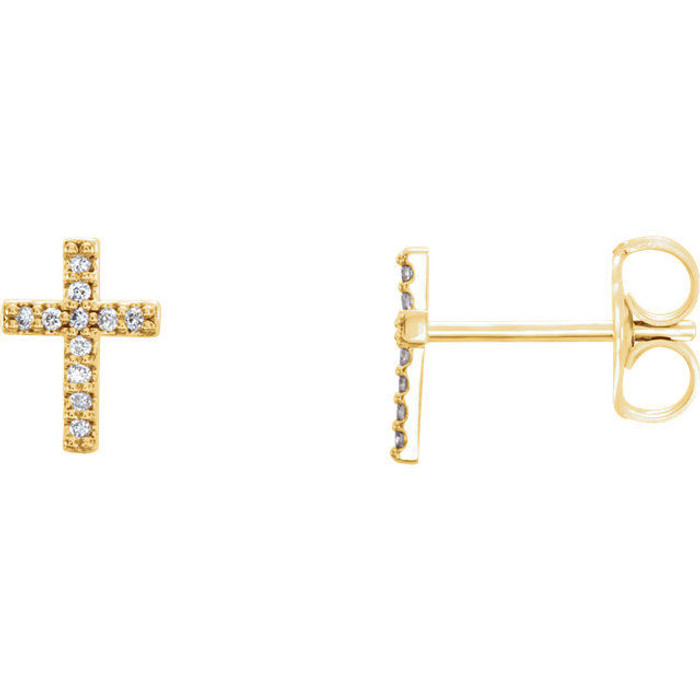 Share your faith with these diamond cross earrings with 22 round full cut diamonds. Set in 14k yellow gold, these cross shaped earrings feature a total weight of 1/10 carats of diamond light. These stud-style cross earrings with their diamond sparkle sit close to the ear and are sure to light up any outfit, any time.