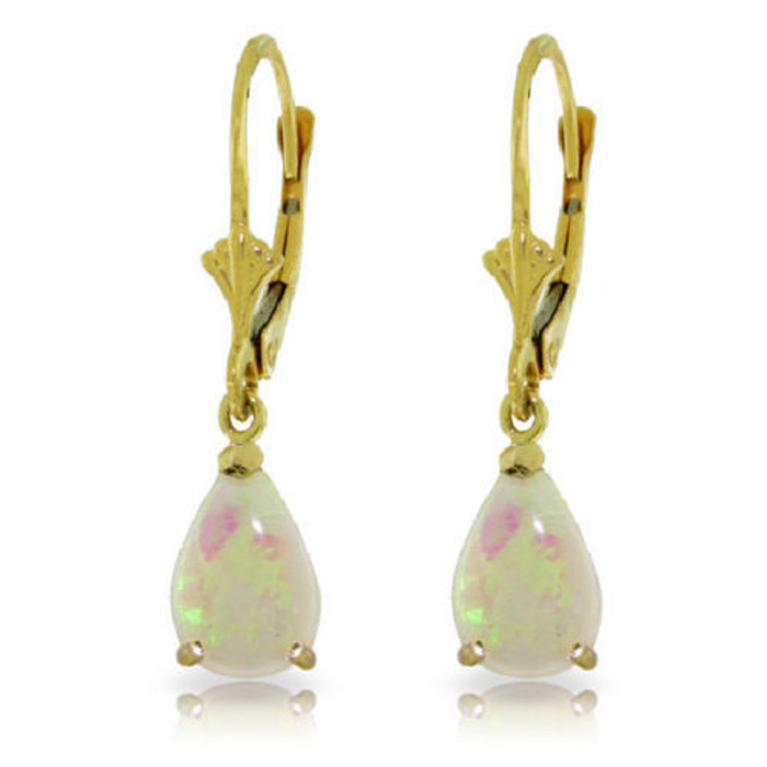 Opals are known and loved for showing off many colors of the rainbow, giving each stone a gorgeous and colorful look. These 14k gold leverback earrings with natural opals show off this gem to its full advantage. Leverbacks, available in your choice of solid 14k yellow, white, or rose gold, make these earrings comfortable to wear while allowing the opal stones to dangle glamorously from the earlobes. Two pear cut opals add 1.55 carats of amazing brilliance to each pair. These earrings make a fantastic gift for women celebrating an October birthday or for anyone who loves the beautiful unique qualities of this gorgeous stone.