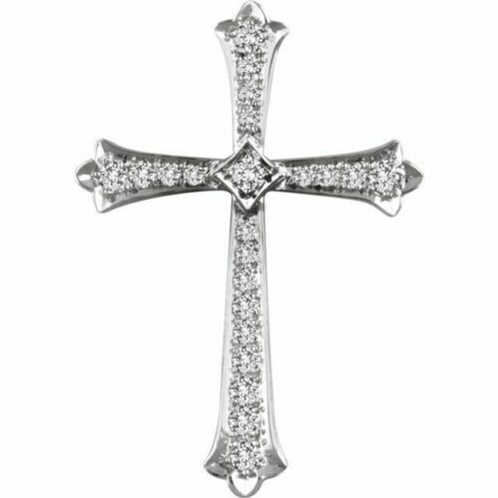 Inspiring and eye-catching, this brilliant diamond pendant showcases beautiful 14k white gold and measures 31.60x21.90mm. This simple cross has rich round full-cut genuine diamonds measuring 1/3 ct. tw. and has a bright polish to shine.