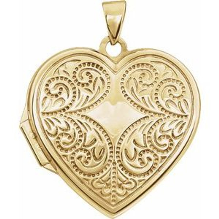 This timeless piece of jewelry is crafted with polished 14k yellow gold. Design-Engraved Heart Locket.