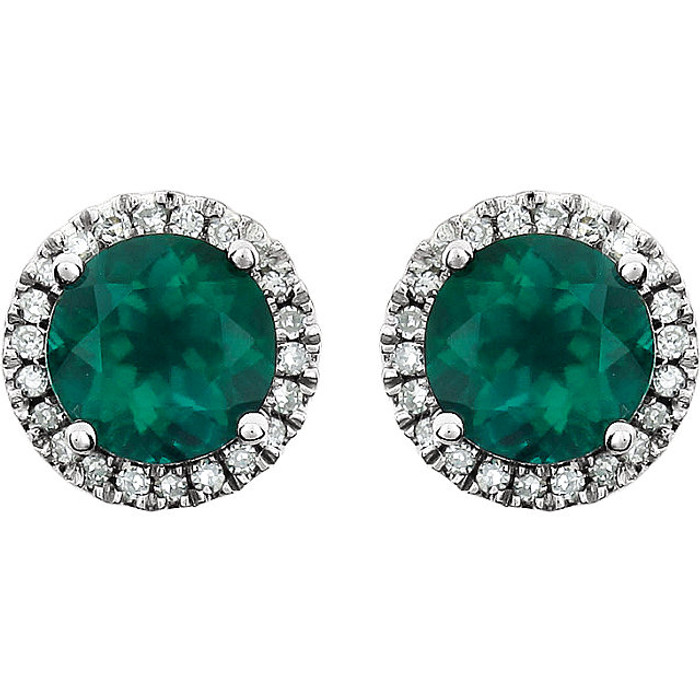 A beautiful crafted 14k white gold 1/8 ct. tw. diamond & 6mm emerald friction post stud May birthstone earrings. Emerald is the birthstone for May representing the symbol of rebirth and is believed to grant good luck and youth. Emerald is derived from the word smaragdus, meaning green in Greek and was mined in Egypt as early as 330 B.C. Most of the world’s emeralds are mined in Colombia, Brazil, Afghanistan, and Zambia today.