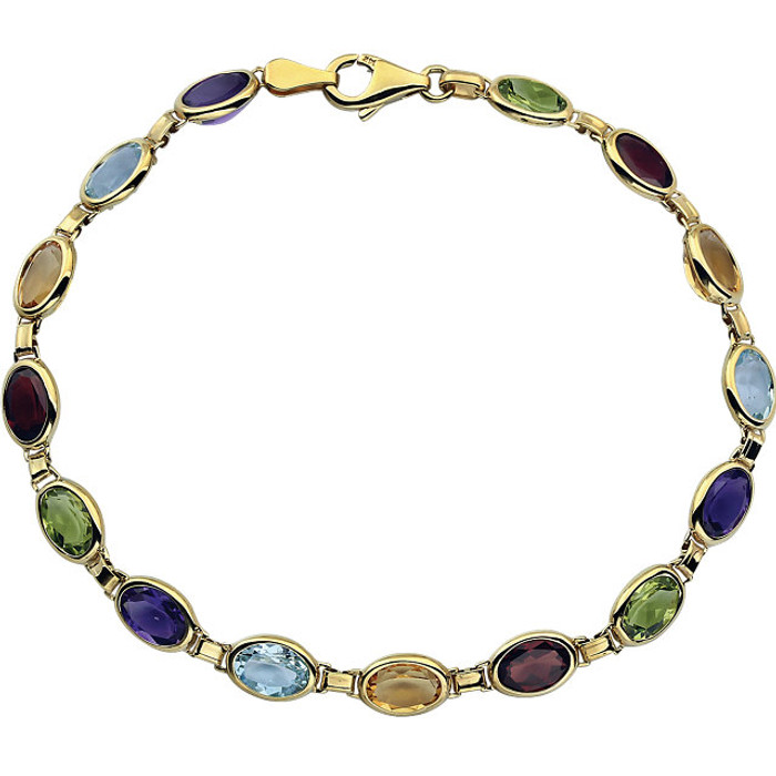 All the colors of the rainbow come together in one vivacious bracelet. This tennis design lines up of amethyst, garnet, citrine, peridot, and blue topaz stones.