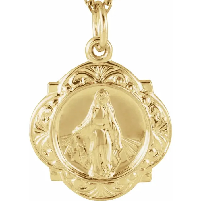 Embrace your religious devotion with this spiritual miraculous medal. Truly a revered accessory, this miraculous medal will make a breathtaking gift for any religious follower. It's beautifully crafted out of 14k yellow gold and measures approximately 12.14 x 12.09mm in size. No gift will be more appreciated than this miraculous medal in 14k yellow gold.