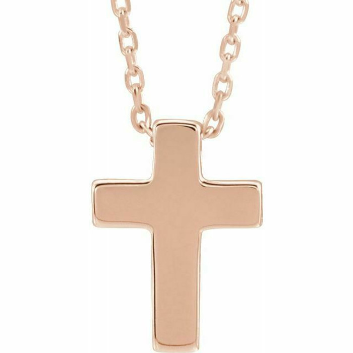 The simplicity of your faith is represented by this rose gold cross 16-18" adjustable necklace. Polished to a brilliant shine.