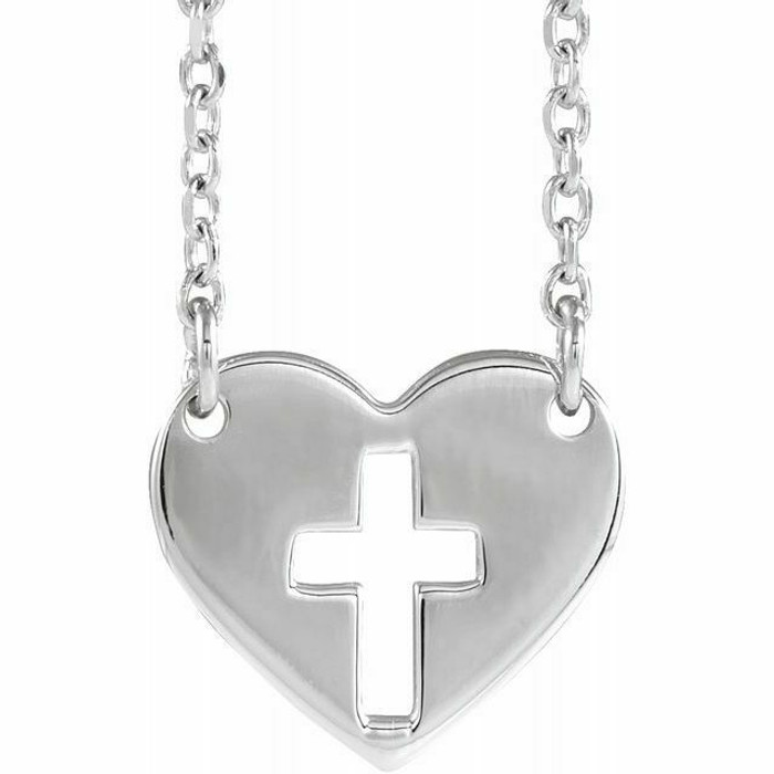 This pierced cross heart 16-18" adjustable necklace has an elegant design in 14K White Gold. Polished to a brilliant shine.